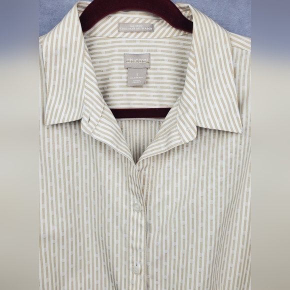 Chico’s No Iron CoolMax All Season Button Down Cream & white stripes Size 3 - Picture 2 of 9